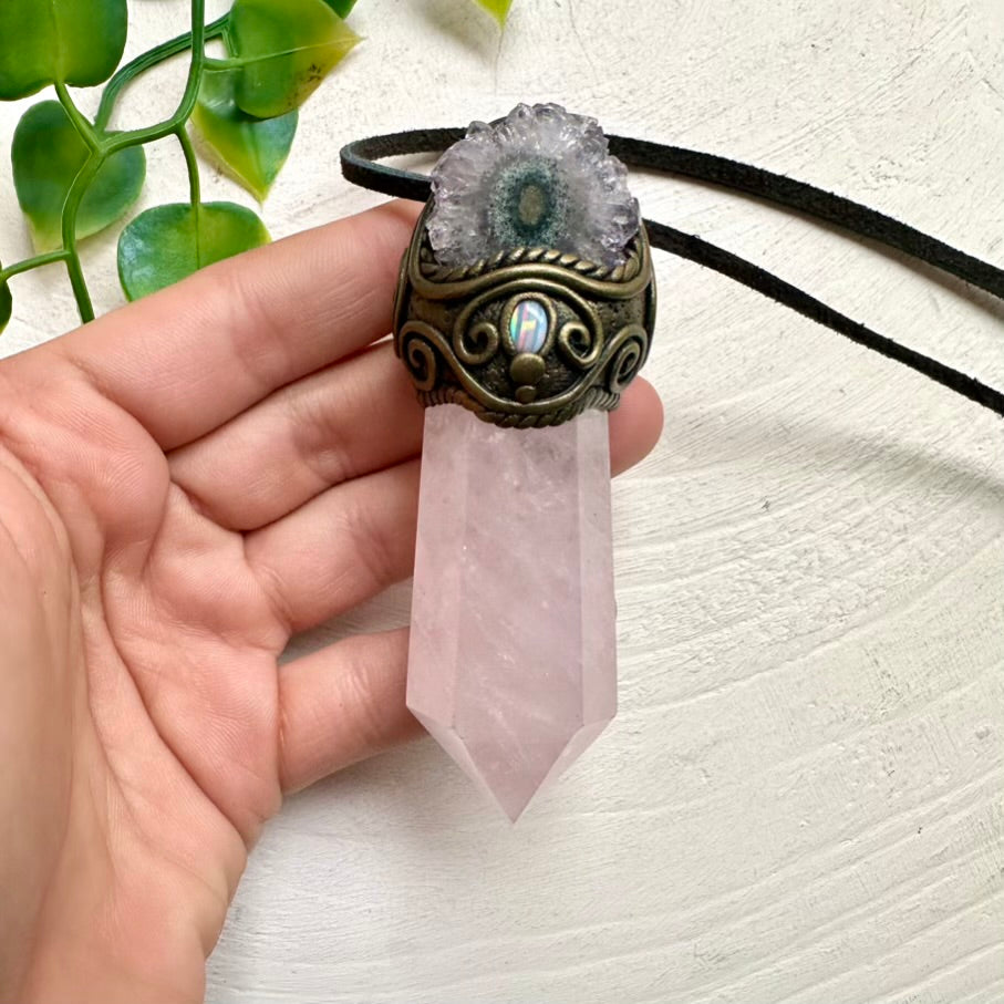 Rose Quartz point, Amethyst Stalactite and Australian Opal crystal wand necklace
