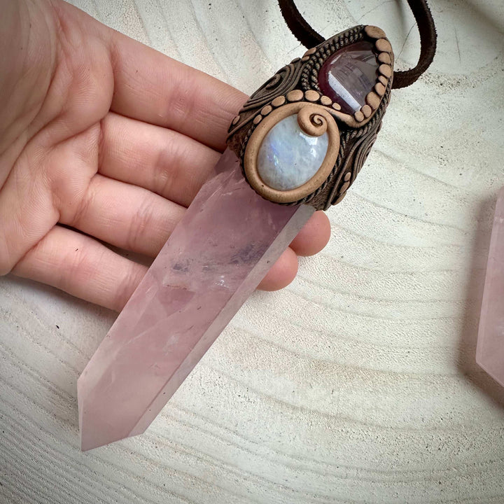 Rose Quartz Point with Pink Tourmaline and Moonstone Wand / Necklace - FairyGardenGlow