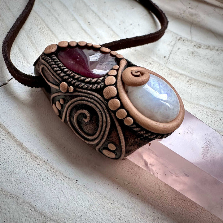 Rose Quartz Point with Pink Tourmaline and Moonstone Wand / Necklace - FairyGardenGlow