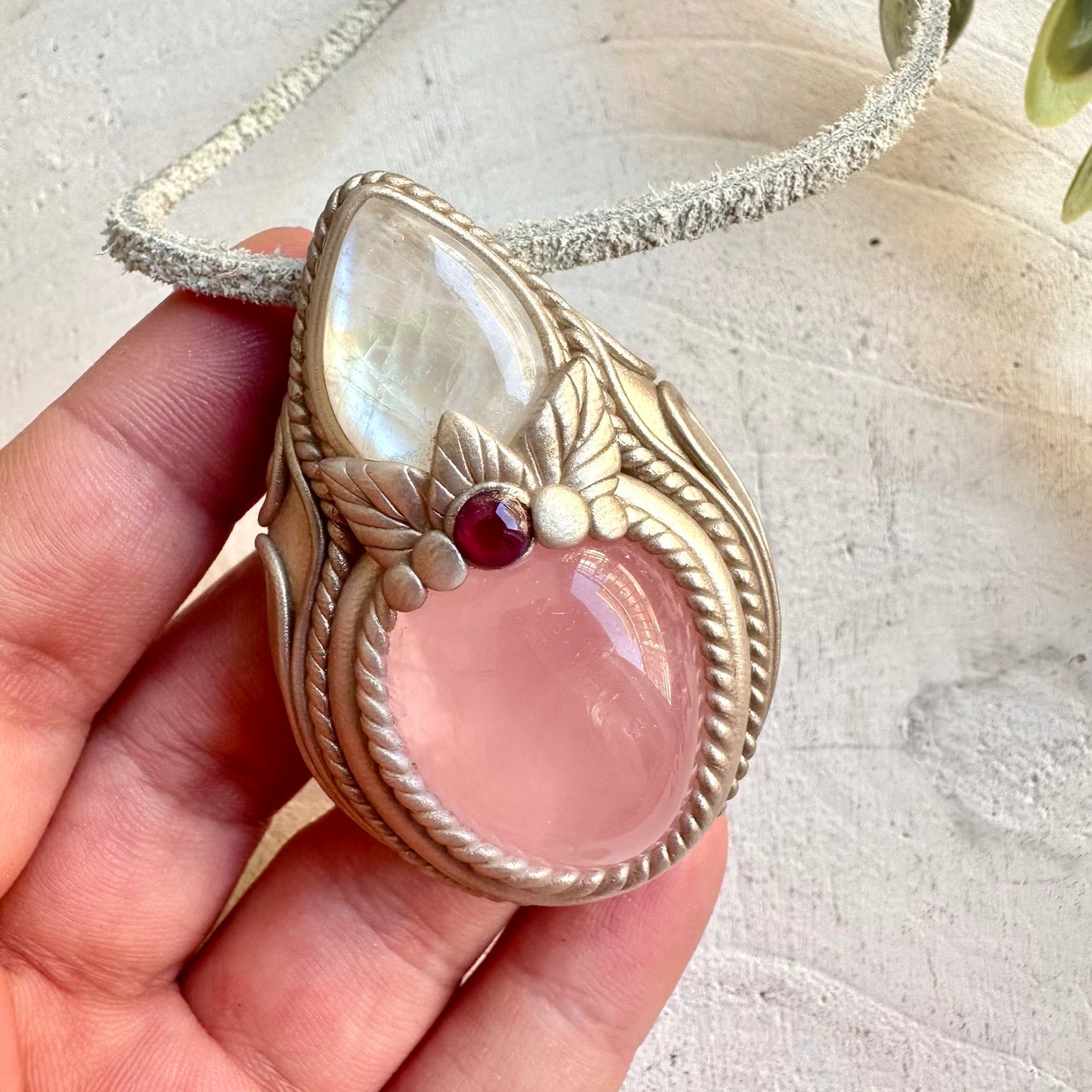 Rose Quartz with Rainbow Moonstone and Rhodolite Garnet necklace handmade boho crystal jewelry