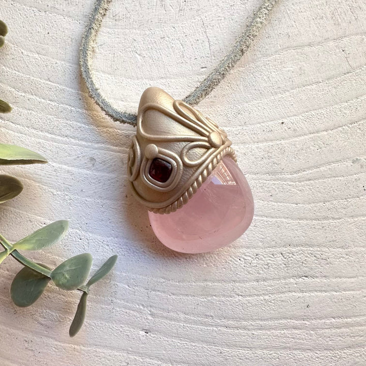 Healing crystal necklace fantasy jewelry rose quartz rhodolite garnet pendant
