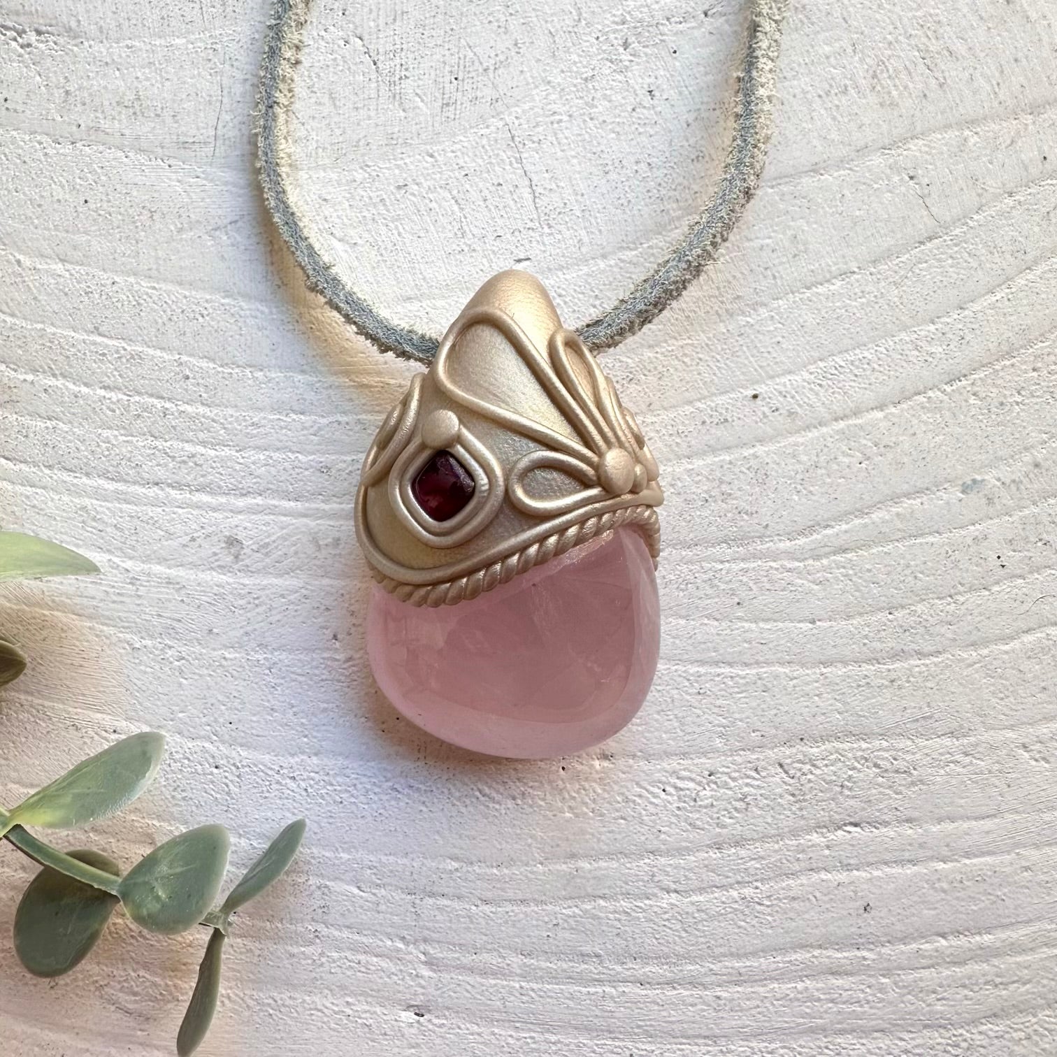 Rose Quartz and Rhodolite Garnet pendant necklace handmade boho healing crystal jewelry