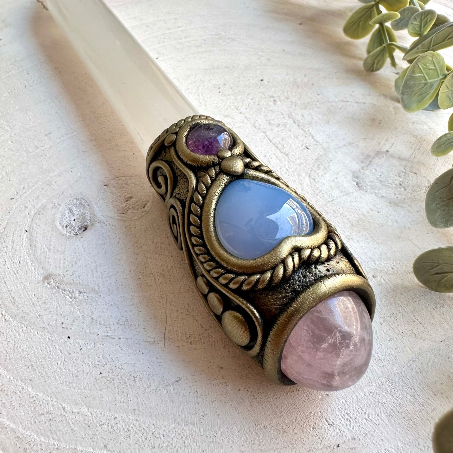 Selenite crystal wand with Rose Quartz, Blue Chalcedony Heart and Amethyst, handcrafted as a healing energy tool.