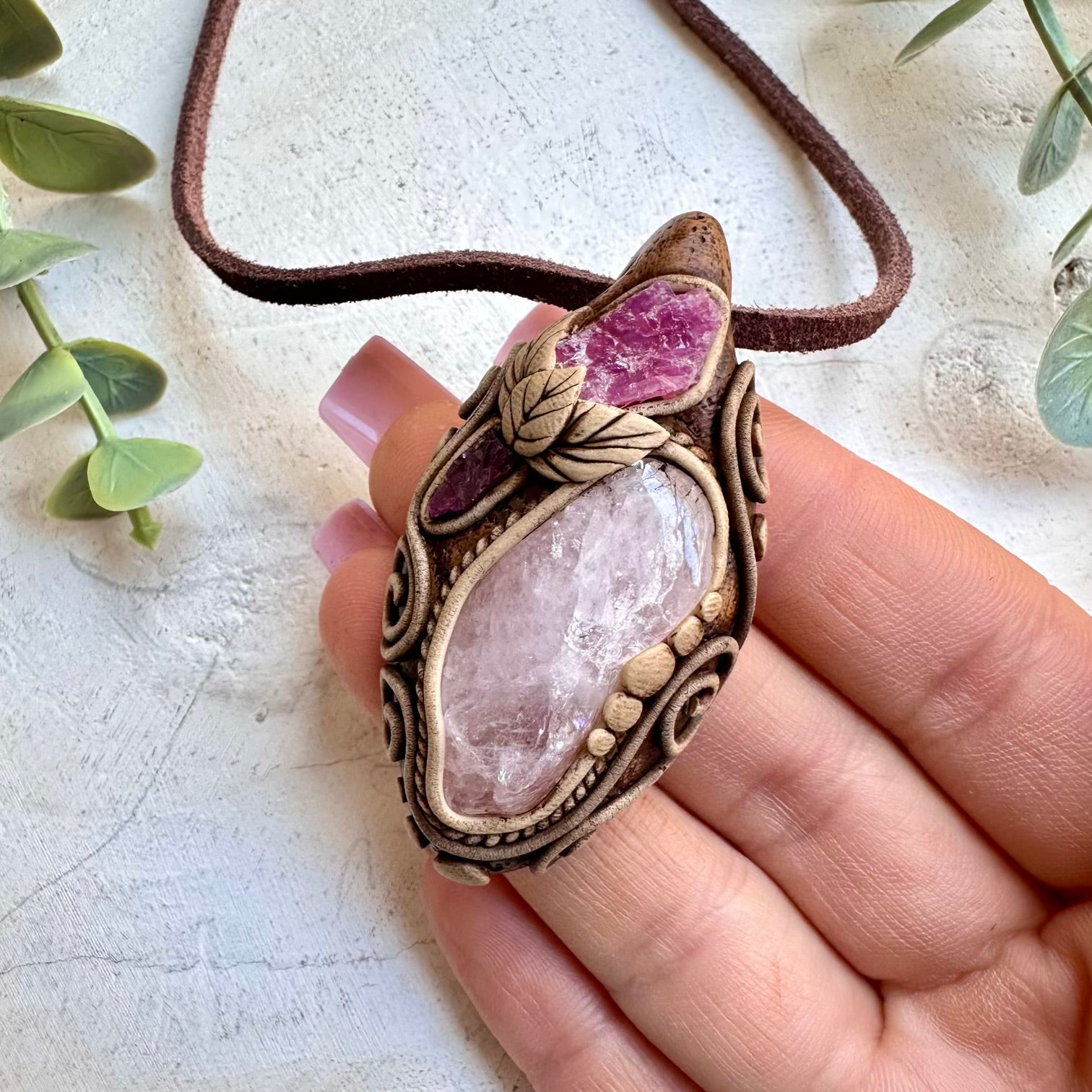 Rose quartz with spinel and rhodolite garnet necklace