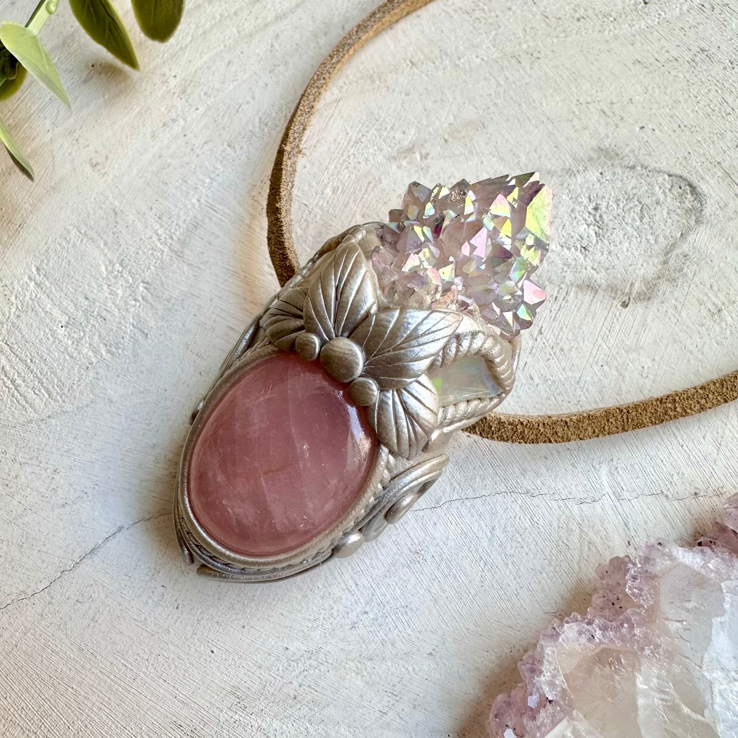 Rose quartz paired with raw Ethiopian opal in a necklace