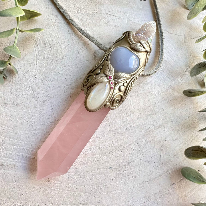 Handmade spiritual jewelry combining Rose Quartz, Moonstone, Blue Chalcedony and Ruby gemstones.