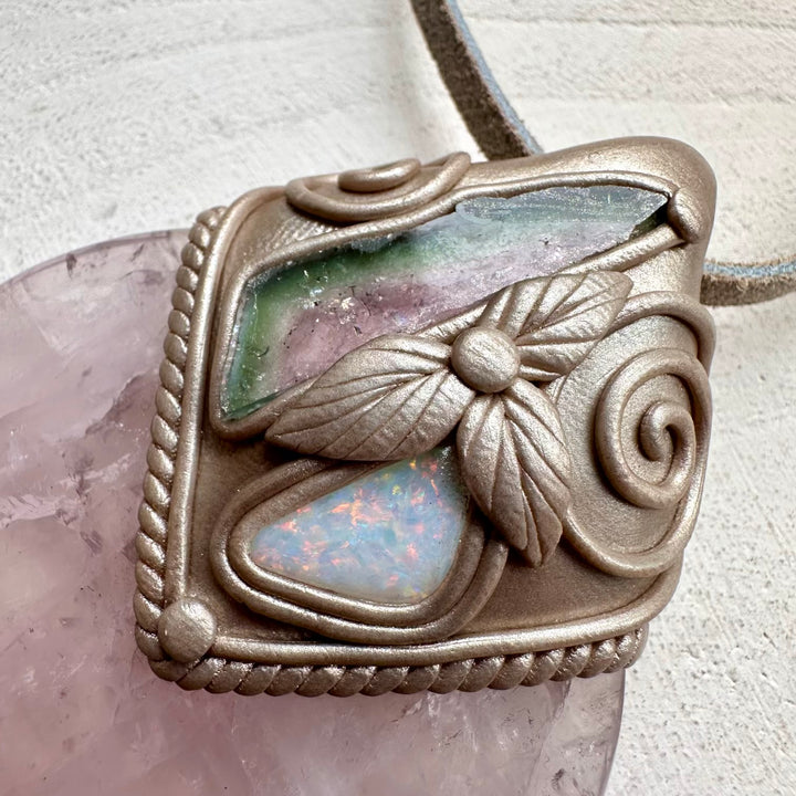 Natural gemstone necklace with watermelon tourmaline slice and rose quartz