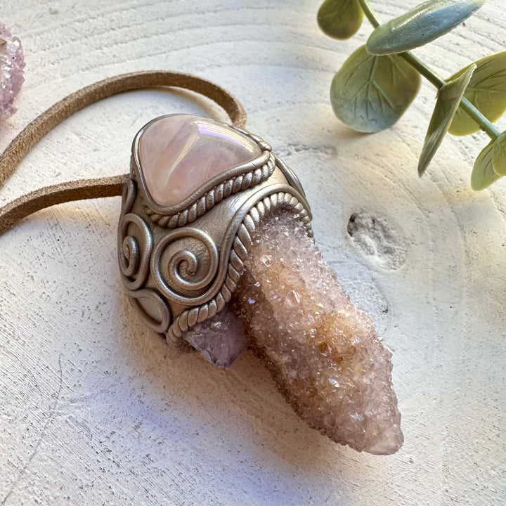 Spiritual jewelry combining rose quartz and aura quartz