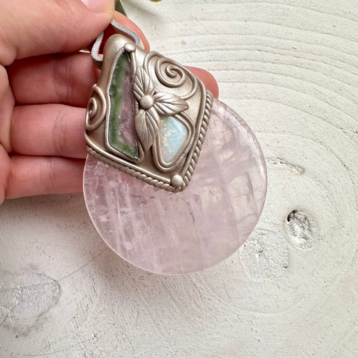 Rose quartz with watermelon tourmaline slice and Australian opal necklace
