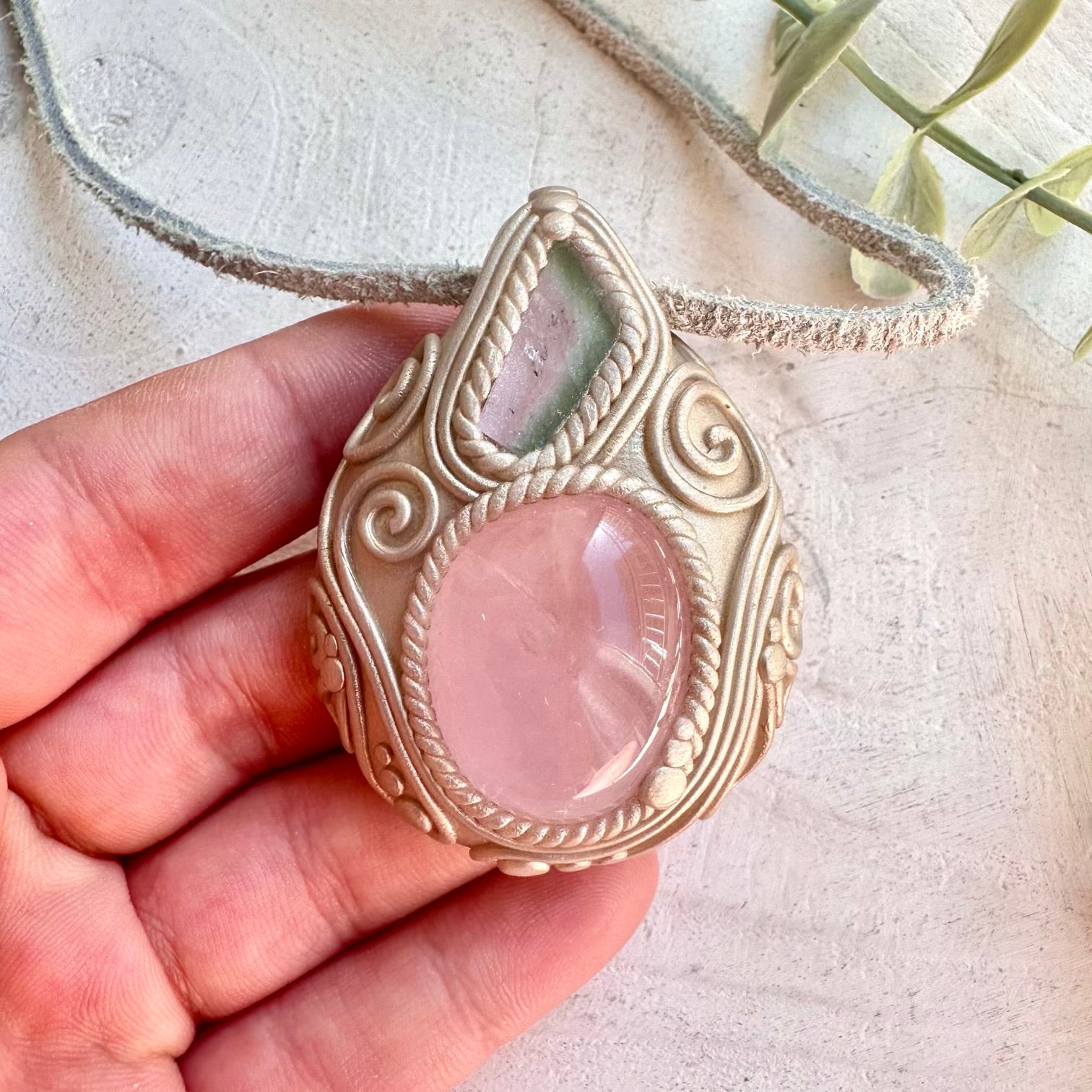 Rose Quartz and Watermelon Tourmaline pendant necklace handmade unique healing crystal jewelry