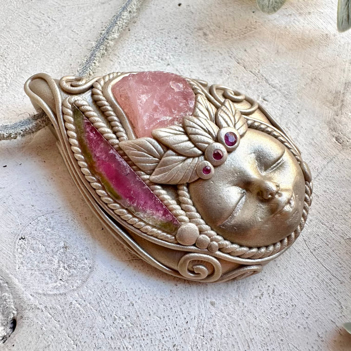 Divine feminine goddess crystal jewelry featuring Rose Quartz and Ruby