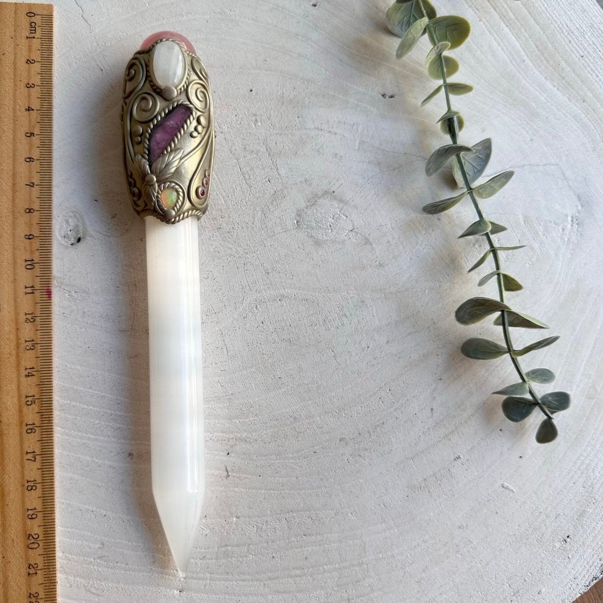 Handmade Selenite crystal wand featuring Rose Quartz, Moonstone, Watermelon Tourmaline, Ethiopian Opal and Ruby.