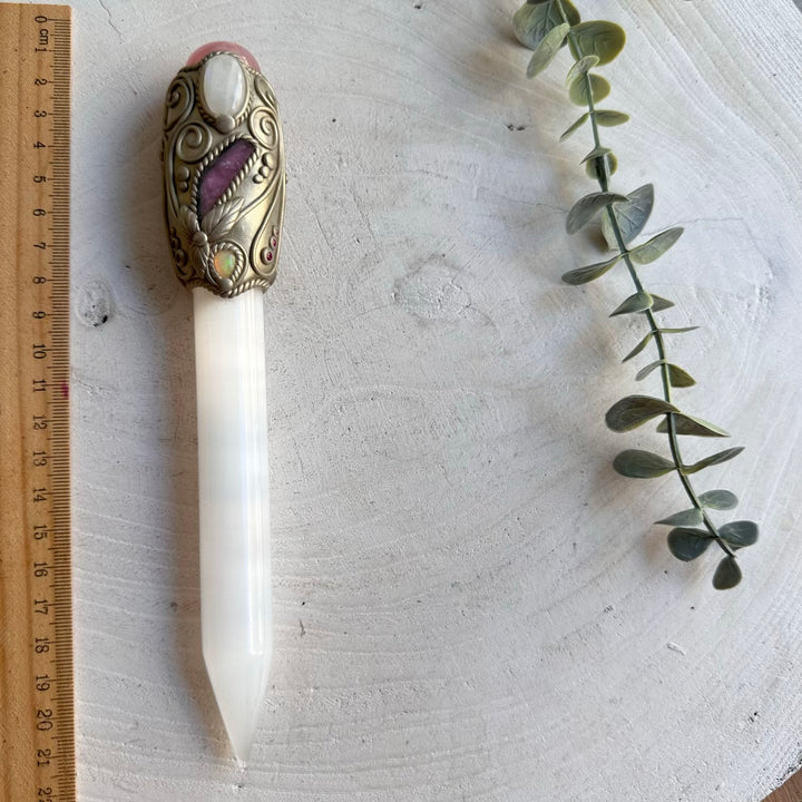 Handmade Selenite crystal wand featuring Rose Quartz, Moonstone, Watermelon Tourmaline, Ethiopian Opal and Ruby.