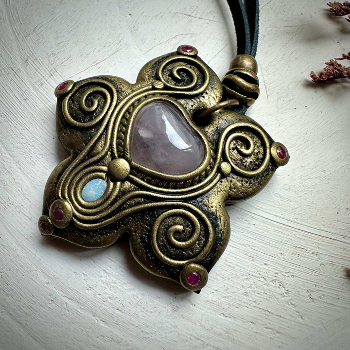 Rose Quartz Heart Australian Opal and Ruby Necklace - FairyGardenGlow