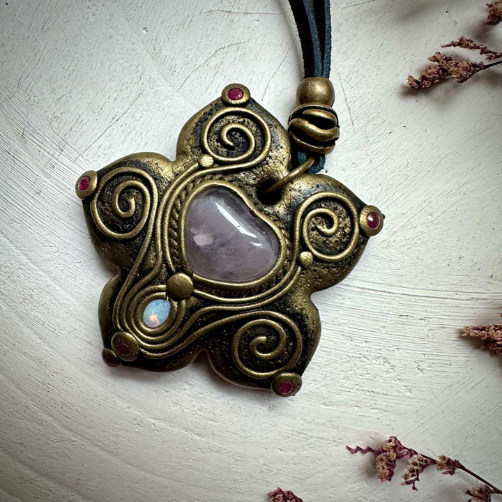 Rose Quartz Heart Australian Opal and Ruby Necklace - FairyGardenGlow