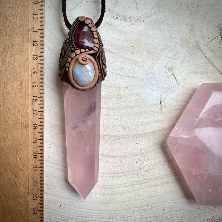 Rose Quartz Point with Pink Tourmaline and Moonstone Wand / Necklace - FairyGardenGlow