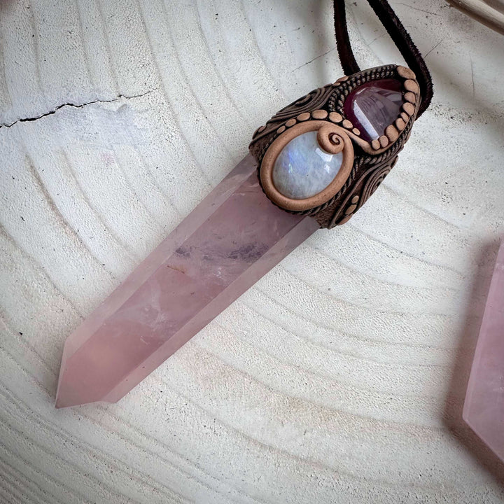 Rose Quartz Point with Pink Tourmaline and Moonstone Wand / Necklace - FairyGardenGlow
