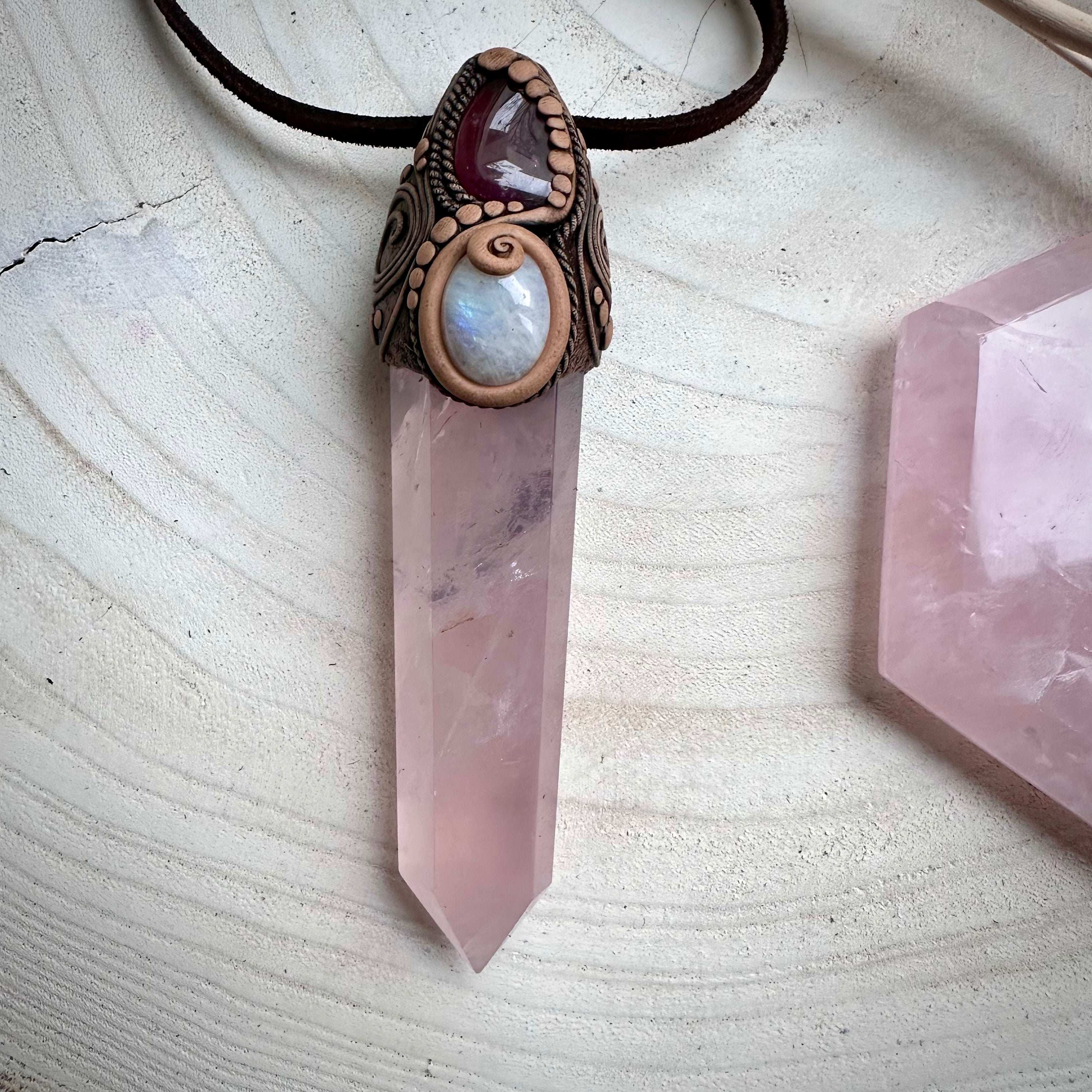 Rose Quartz Point with Pink Tourmaline and Moonstone Wand / Necklace - FairyGardenGlow
