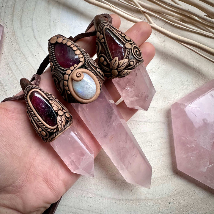 Rose Quartz Point with Pink Tourmaline and Moonstone Wand / Necklace - FairyGardenGlow