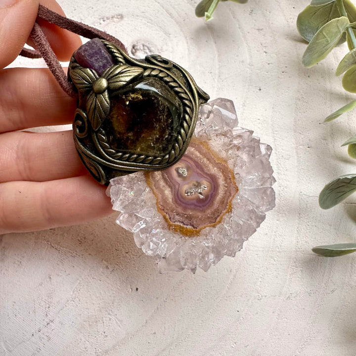 Artisan made crystal necklace with amethyst stalactite and citrine