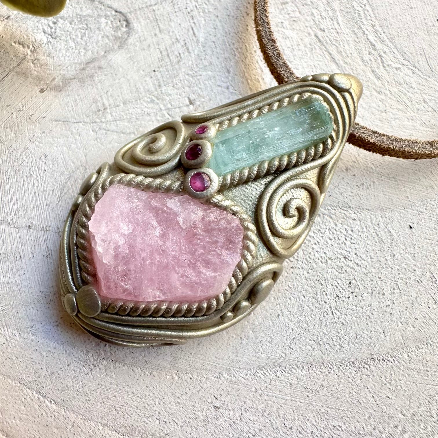 Healing crystal necklace with morganite aquamarine and ruby