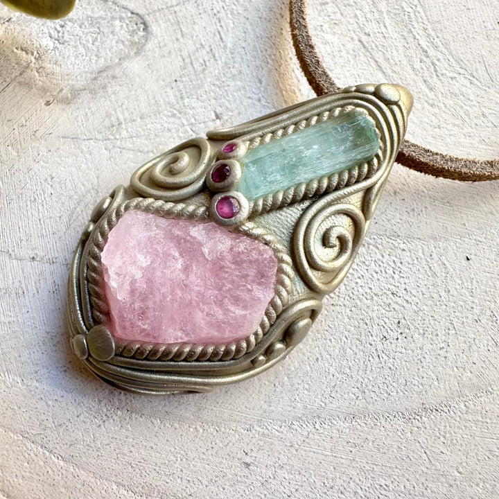 Healing crystal necklace with morganite aquamarine and ruby