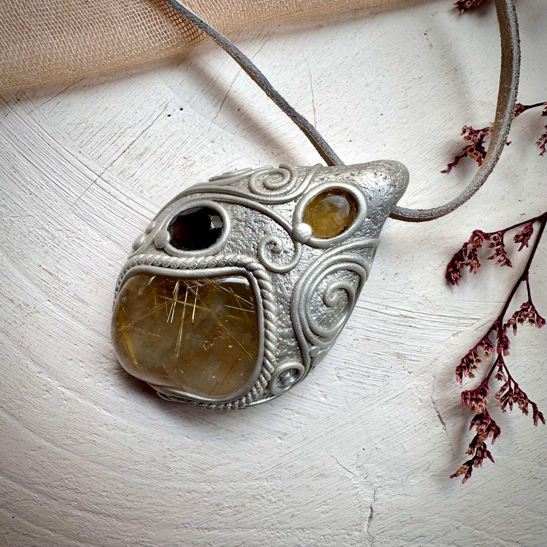 Rutilated Quartz Smoky Quartz and Citrine Necklace - FairyGardenGlow
