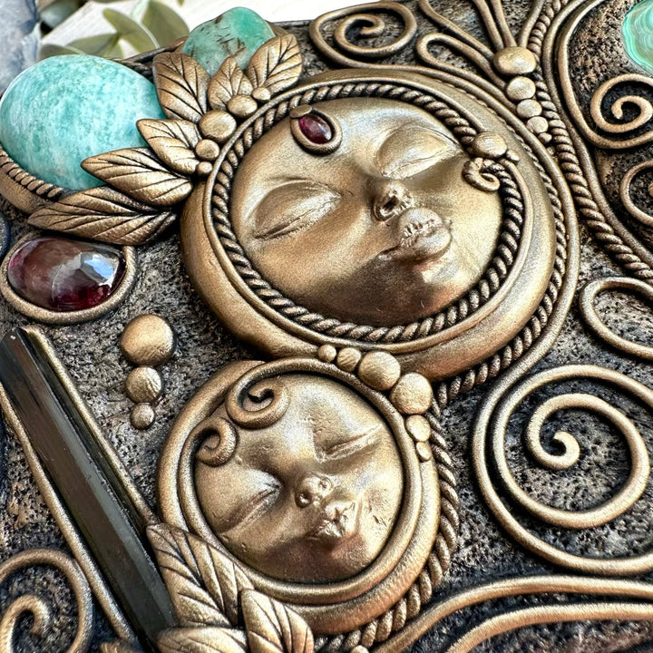 Close up of handmade goddess crystal wooden box