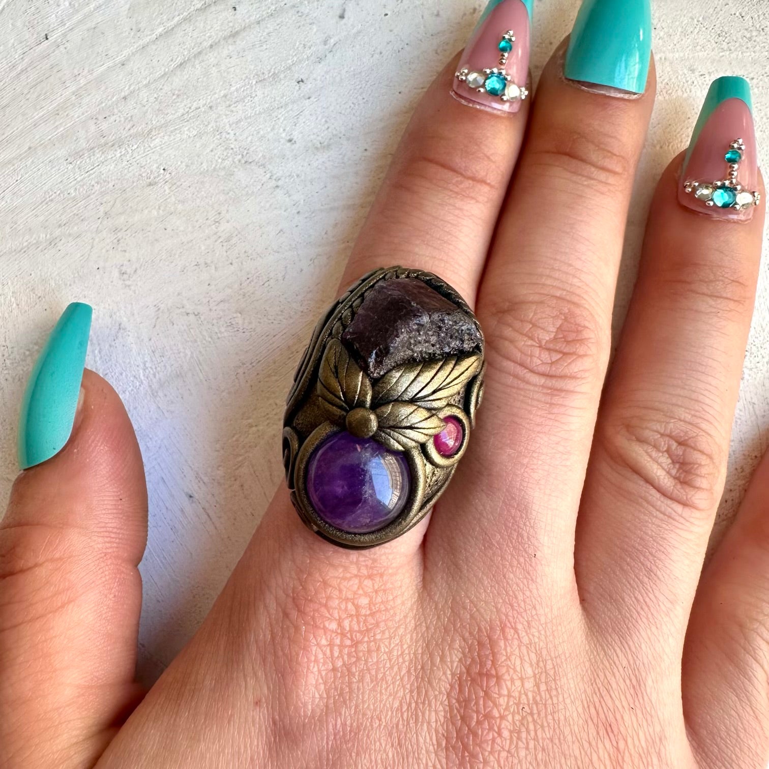 Scapolite with amethyst and rhodolite garnet ring