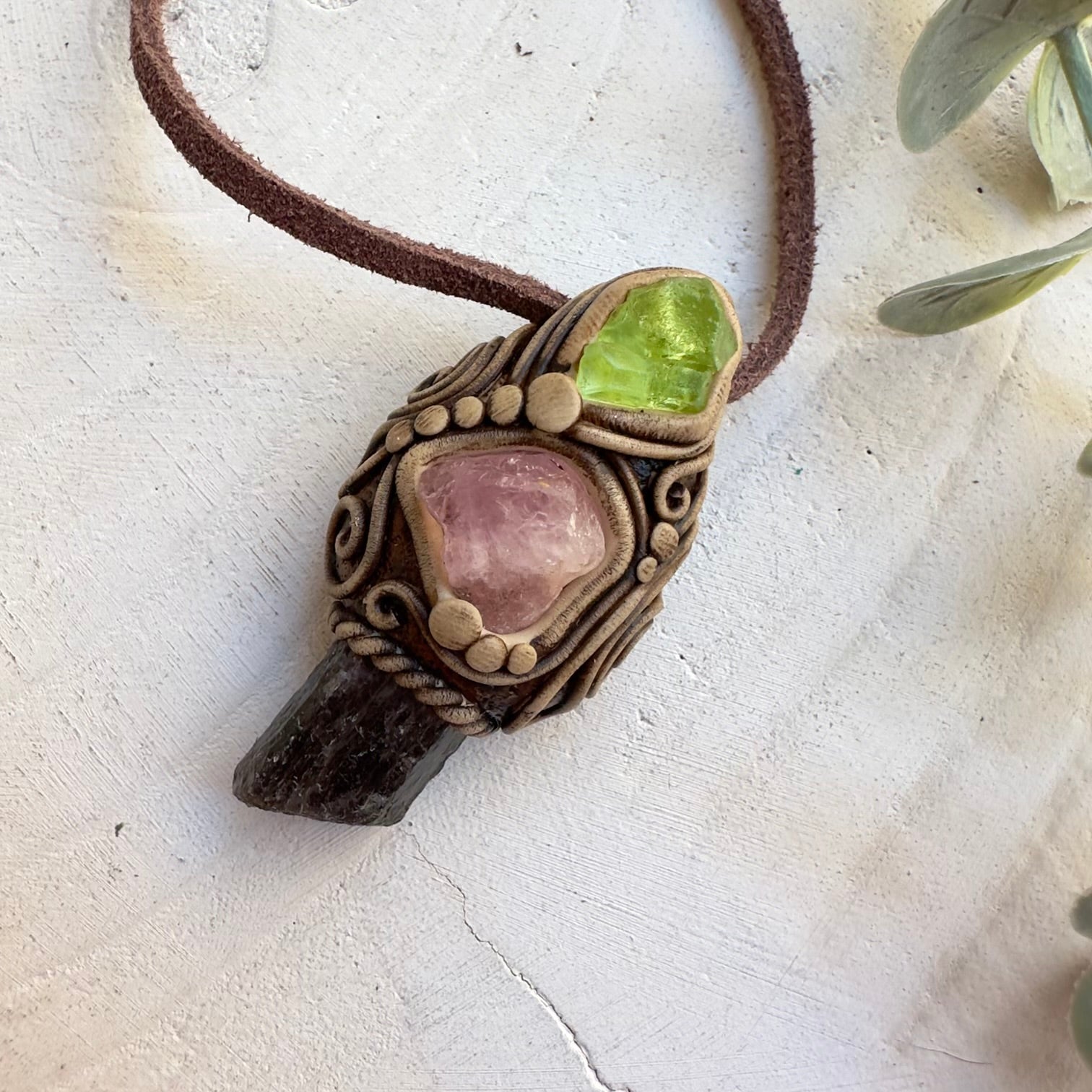 Scapolite raw morganite and peridot pendant necklace healing crystal jewelry