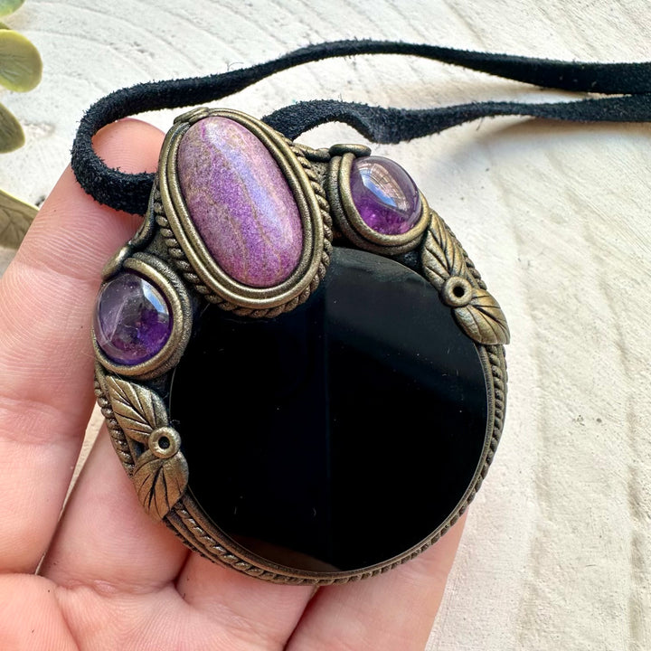 Handmade spiritual jewelry with Obsidian mirror and healing crystals