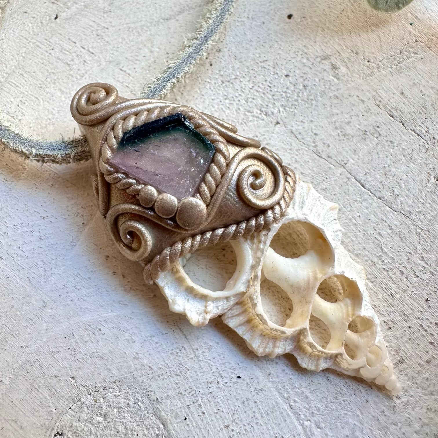 Handmade nature inspired pendant necklace with ocean shell and tourmaline crystal