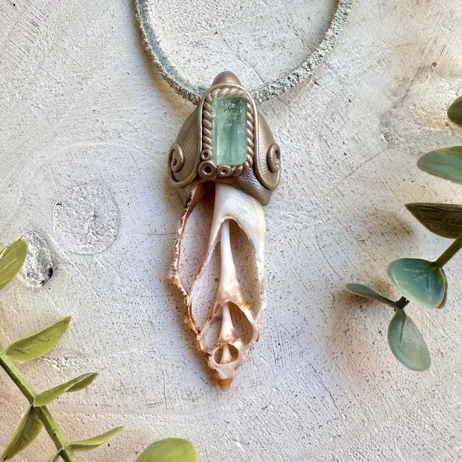 Seashell slice and Aquamarine crystal necklace handmade boho jewelry with ocean healing energy