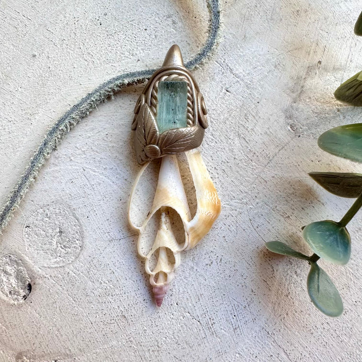 Seashell slice and Aquamarine crystal necklace handmade boho jewelry with ocean energy