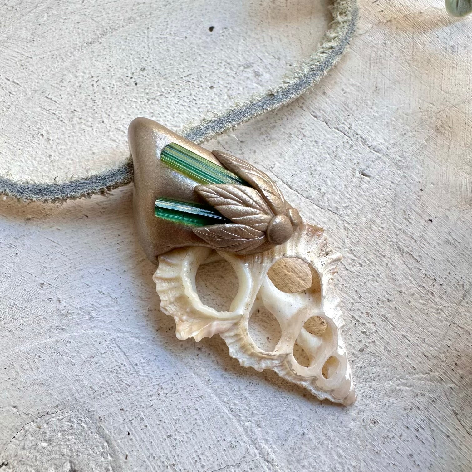 Seashell slice and Green Tourmaline necklace handmade