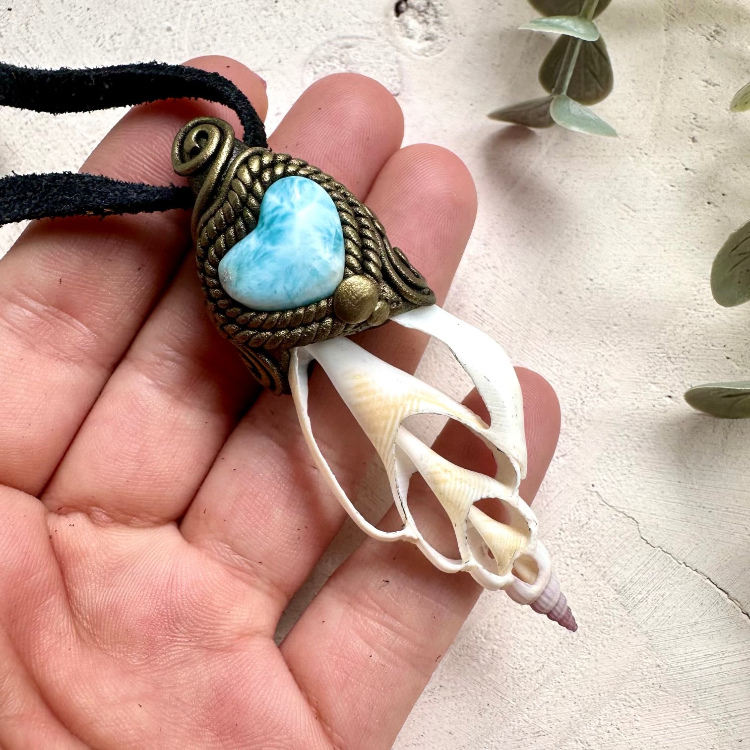 Seashell Slice and Larimar Heart necklace handmade with natural shell and gemstone