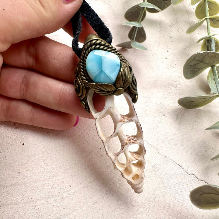 Seashell Slice and Larimar necklace handmade with natural shell and gemstone