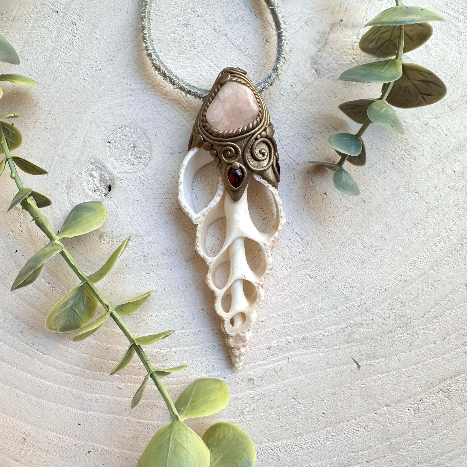Seashell slice with Morganite and Rhodolite Garnet healing crystal necklace boho jewelry