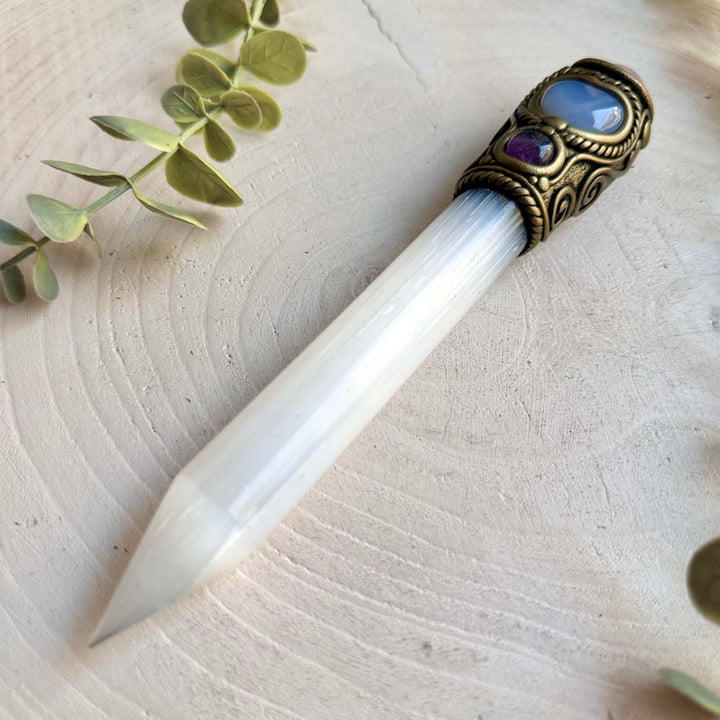 Unique crystal wand featuring a luminous smooth Selenite point with soft pink Rose Quartz and blue Chalcedony.