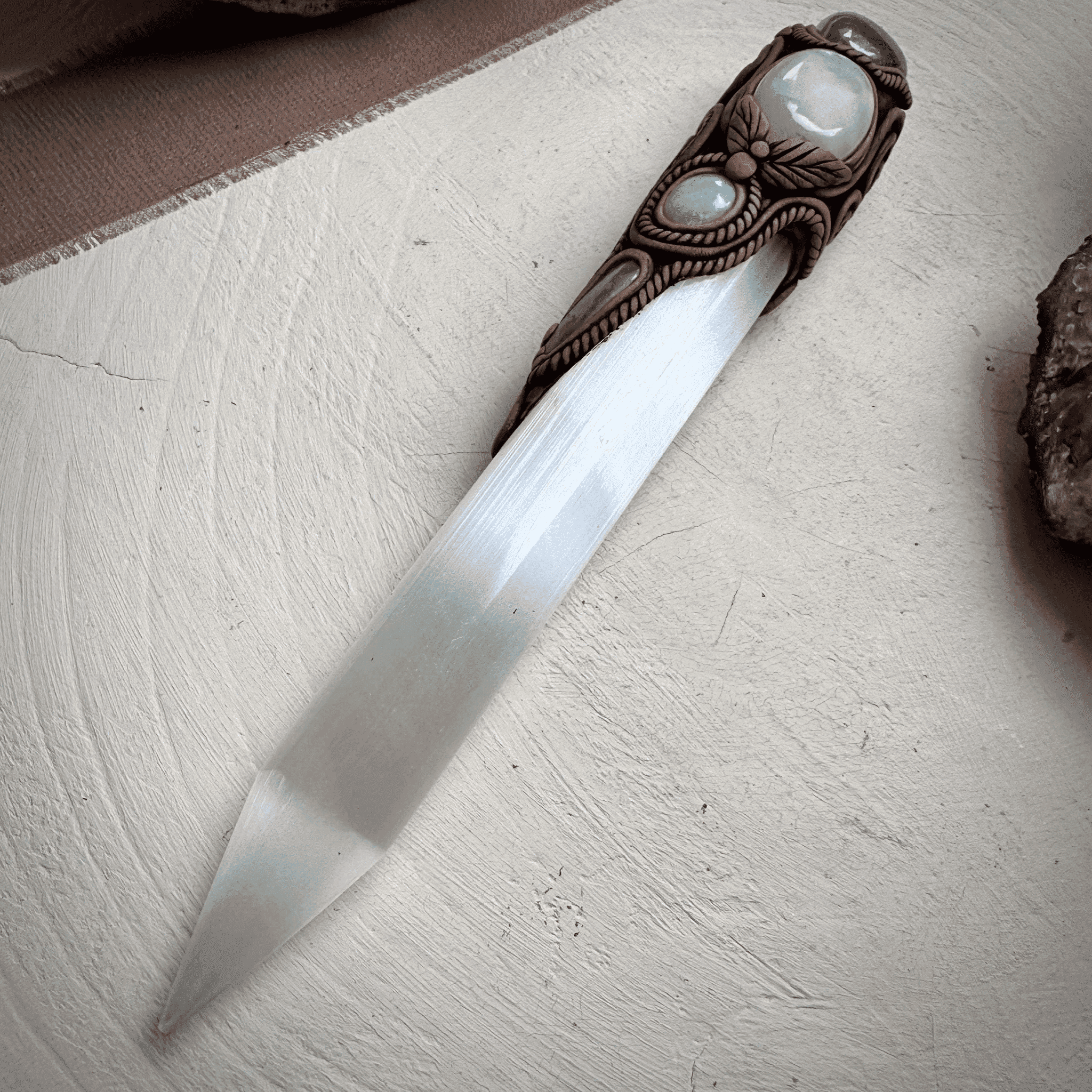 Selenite Wand, Aqua Aura Quartz Rainbow Moonstone Australian Opal Aquamarine Crystal Wand - FairyGardenGlow