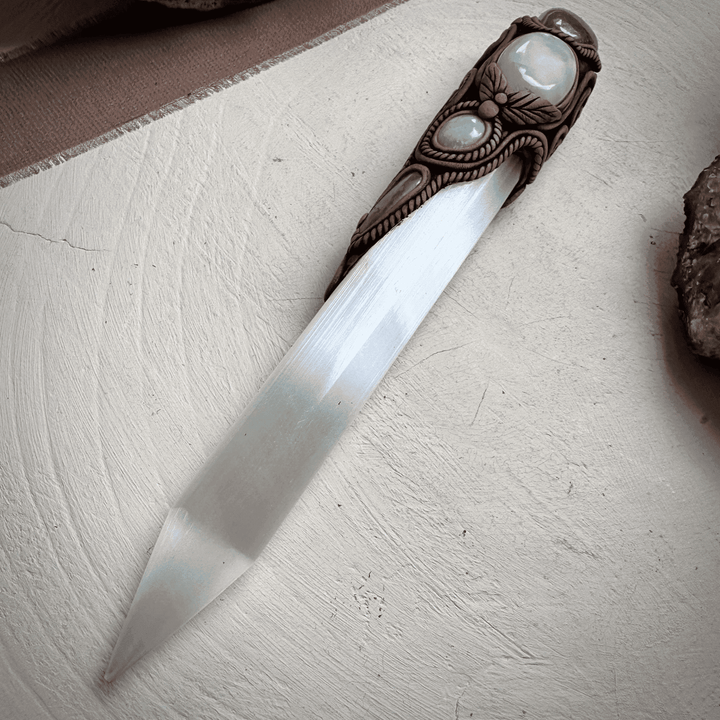 Selenite Wand, Aqua Aura Quartz Rainbow Moonstone Australian Opal Aquamarine Crystal Wand - FairyGardenGlow