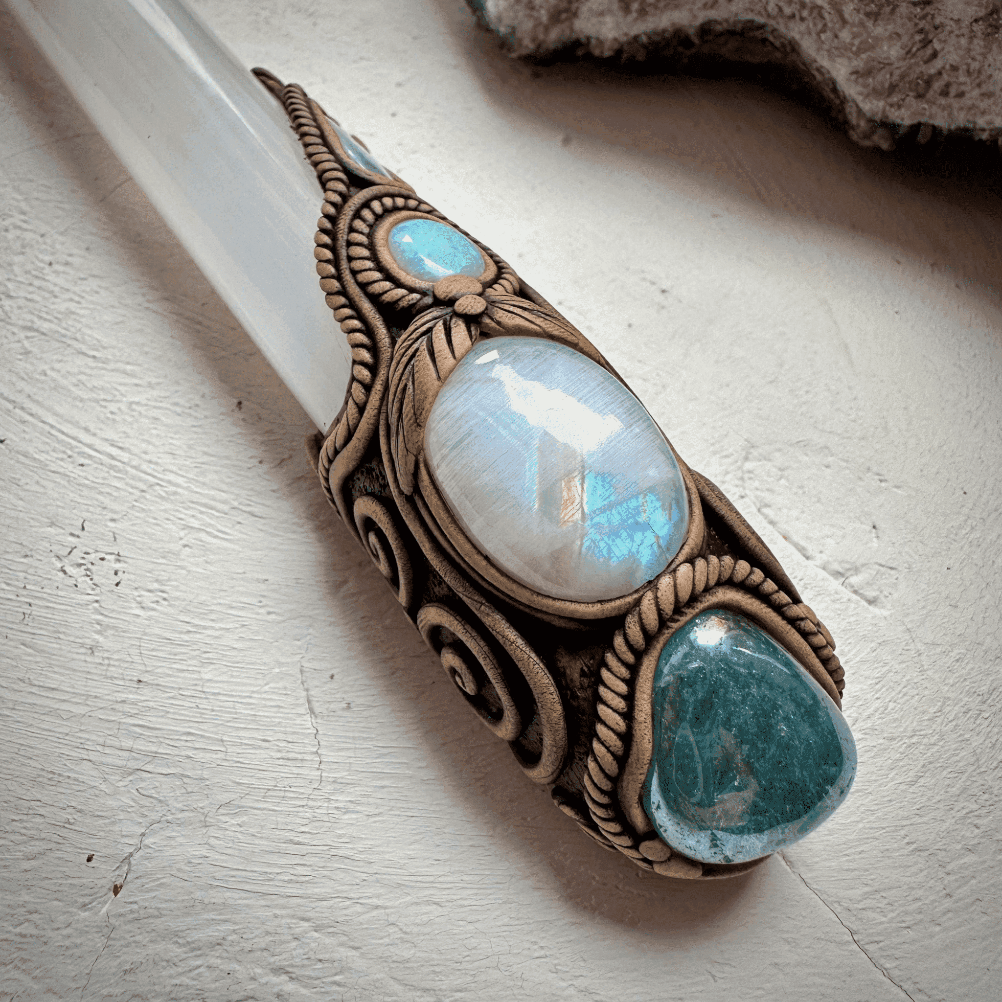 Selenite Wand, Aqua Aura Quartz Rainbow Moonstone Australian Opal Aquamarine Crystal Wand - FairyGardenGlow