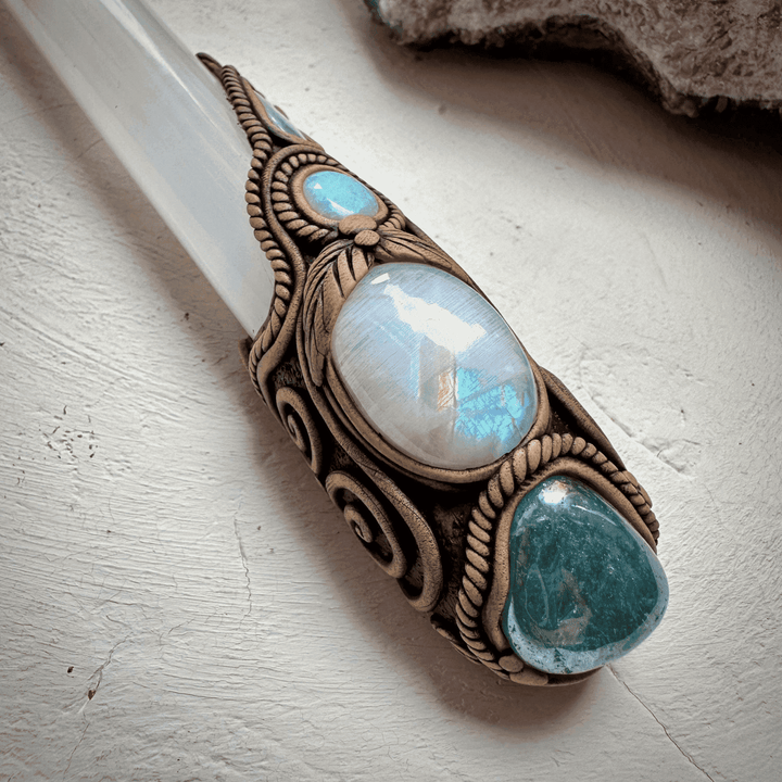 Selenite Wand, Aqua Aura Quartz Rainbow Moonstone Australian Opal Aquamarine Crystal Wand - FairyGardenGlow