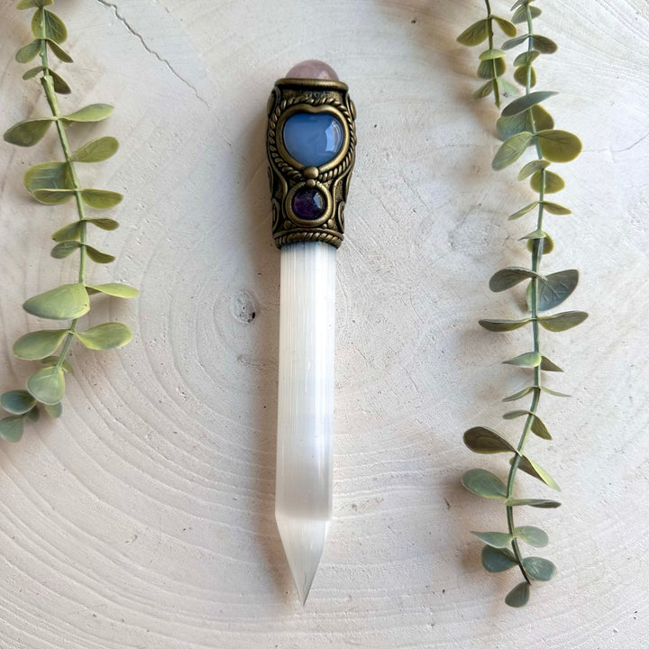 Unique healing crystal wand showcasing Selenite with Rose Quartz, Blue Chalcedony and Amethyst.