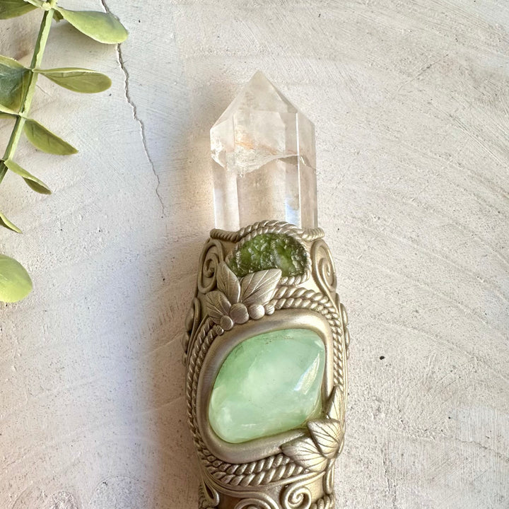 Spiritual healing wand handcrafted with Selenite, Clear Quartz, Prehnite, Moldavite and Emerald.