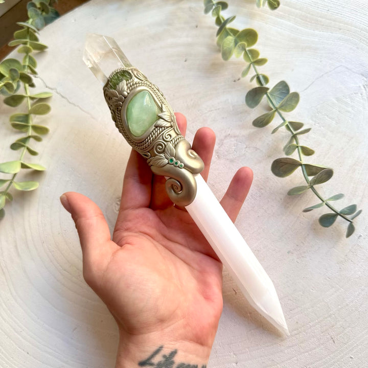 One of a kind healing crystal wand with Selenite, Clear Quartz, Prehnite, Moldavite and Emerald.