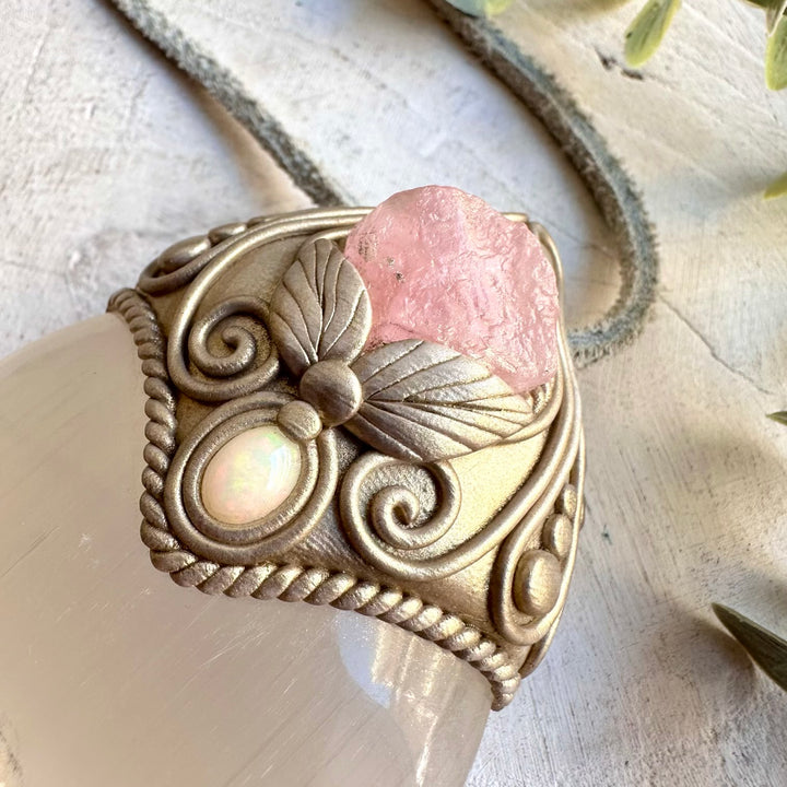 Natural gemstone pendant with Selenite, Raw Morganite, Clear Topaz and Ethiopian Opal accents.