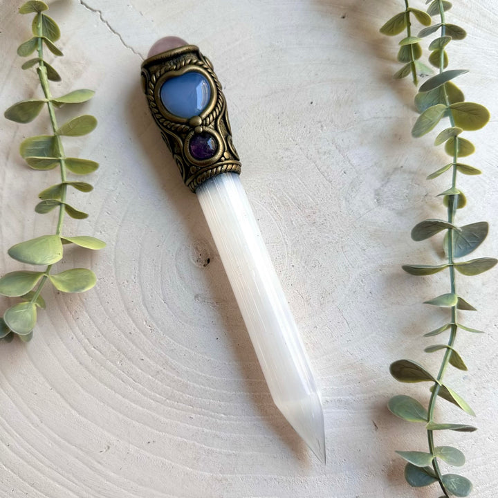One of a kind healing energy tool combining soft pink, calming blue and deep purple crystals with luminous Selenite, created for meditation, energy work, intention setting and spiritual practice.