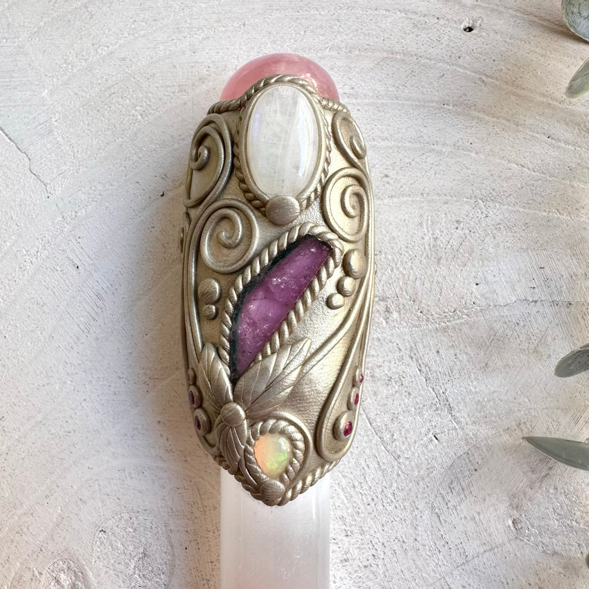 Spiritual healing wand handcrafted with Selenite, Rose Quartz, Moonstone, Watermelon Tourmaline, Opal and Ruby.