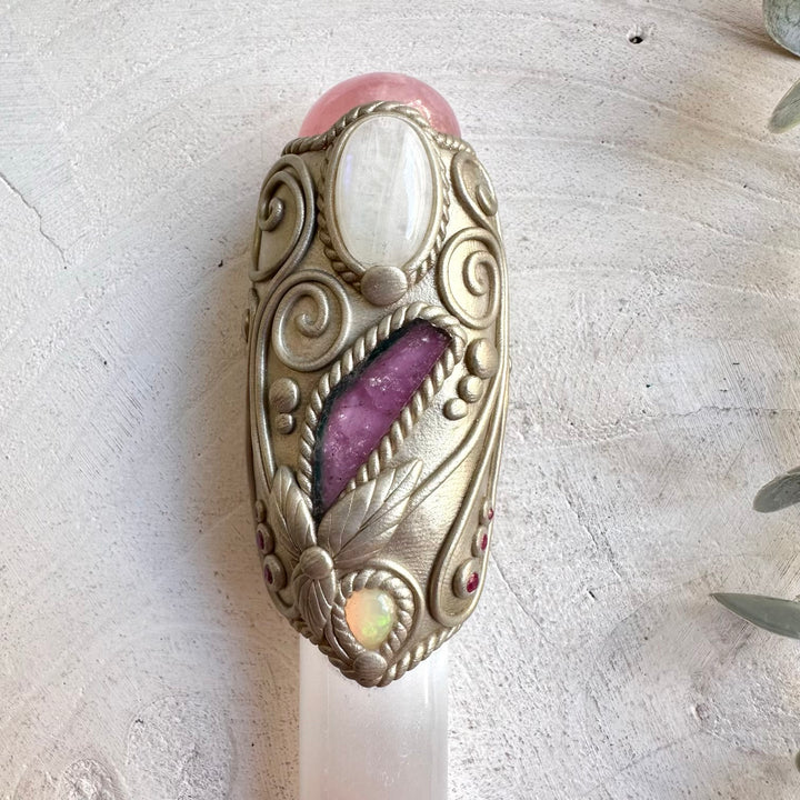 Spiritual healing wand handcrafted with Selenite, Rose Quartz, Moonstone, Watermelon Tourmaline, Opal and Ruby.